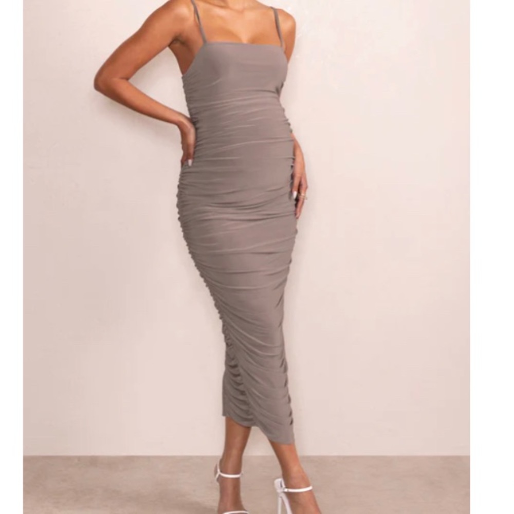 Mocha Runched maternity midi dress